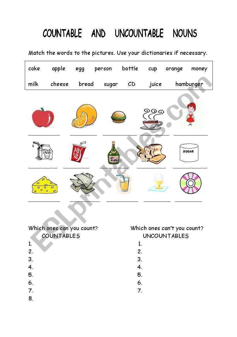 Countable Nouns And Uncountable Nouns Worksheet Pdf