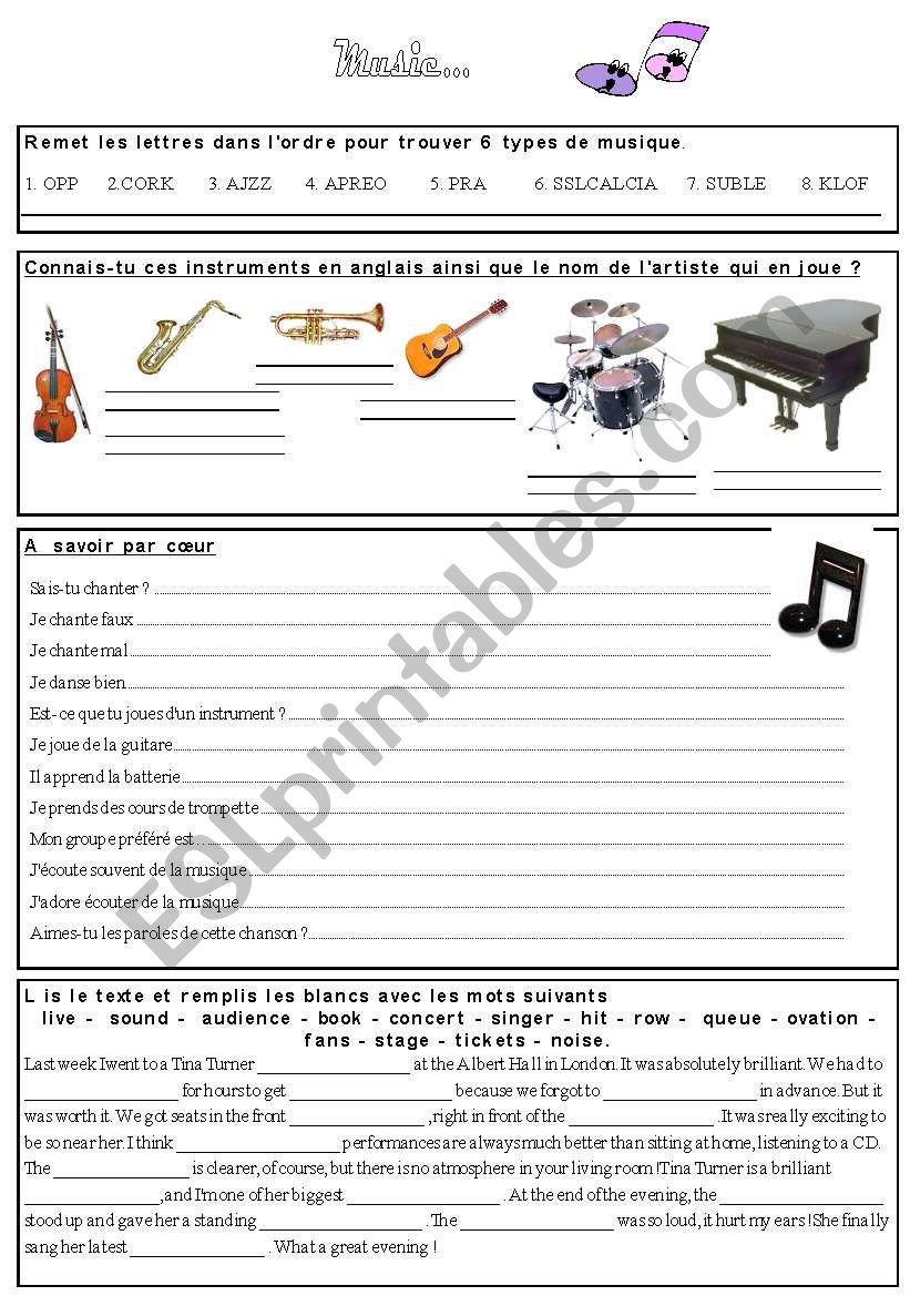 music French to English worksheet