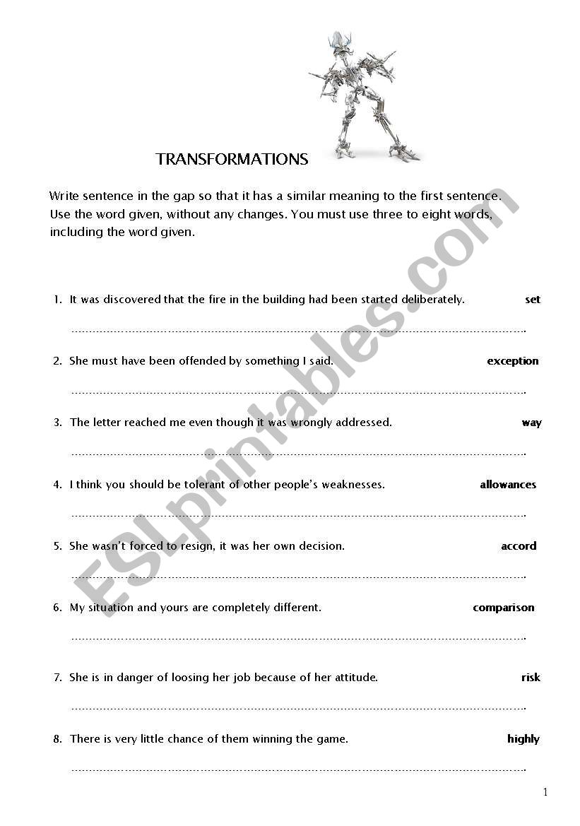 Transformations + answer key worksheet