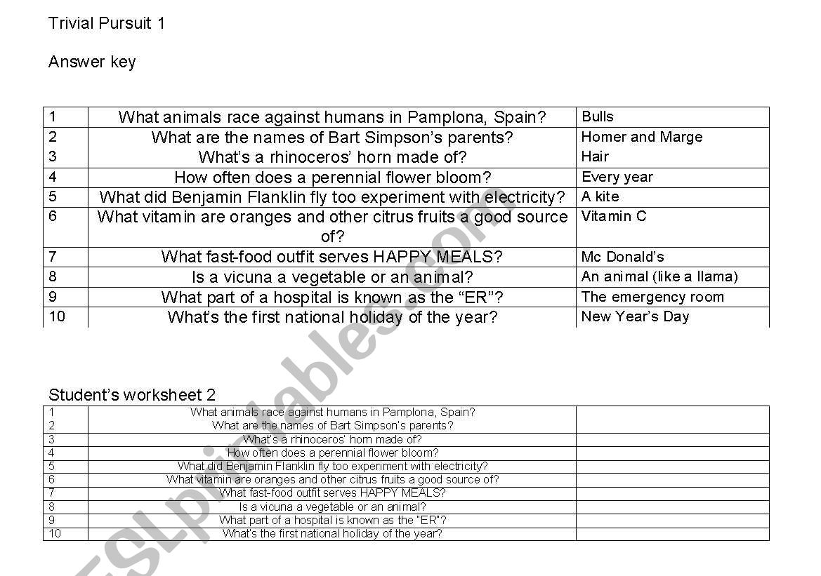 Trivia General knowledge game worksheet