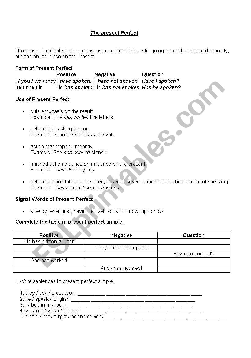 Present Perfect handout worksheet