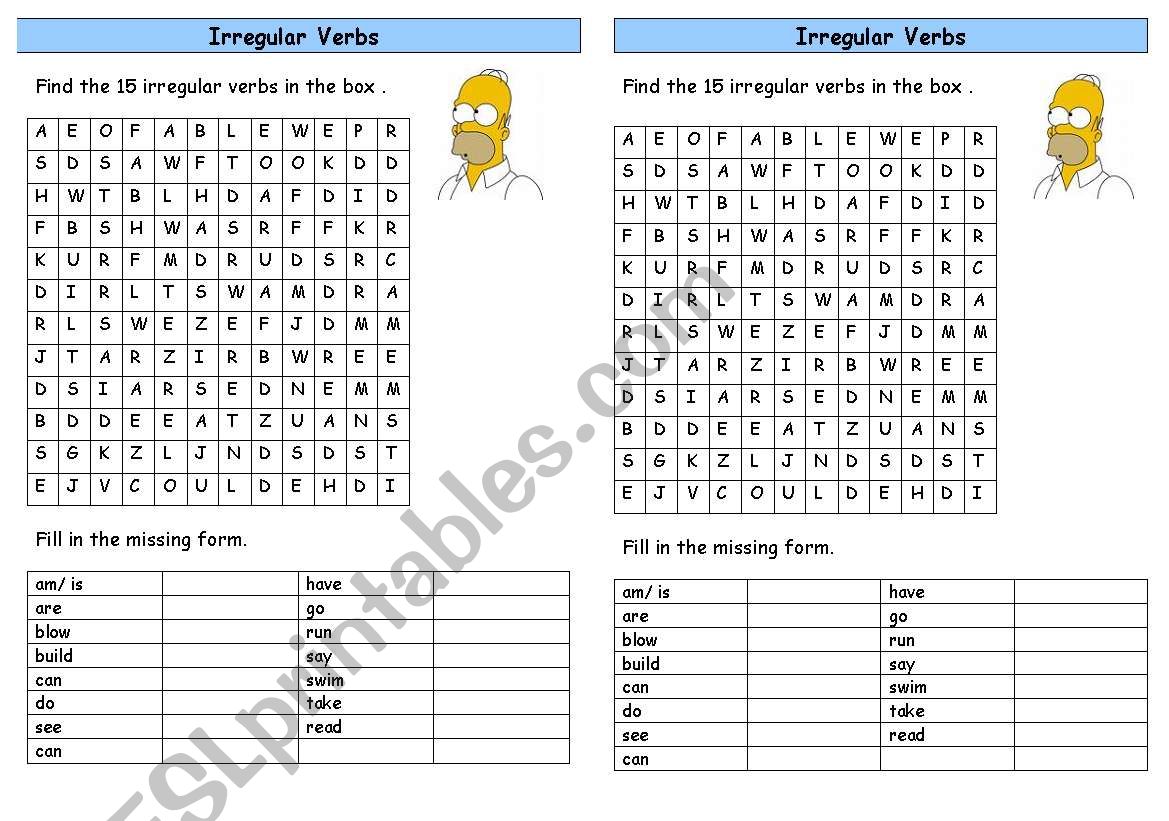 Irregular Verbs - word search worksheet