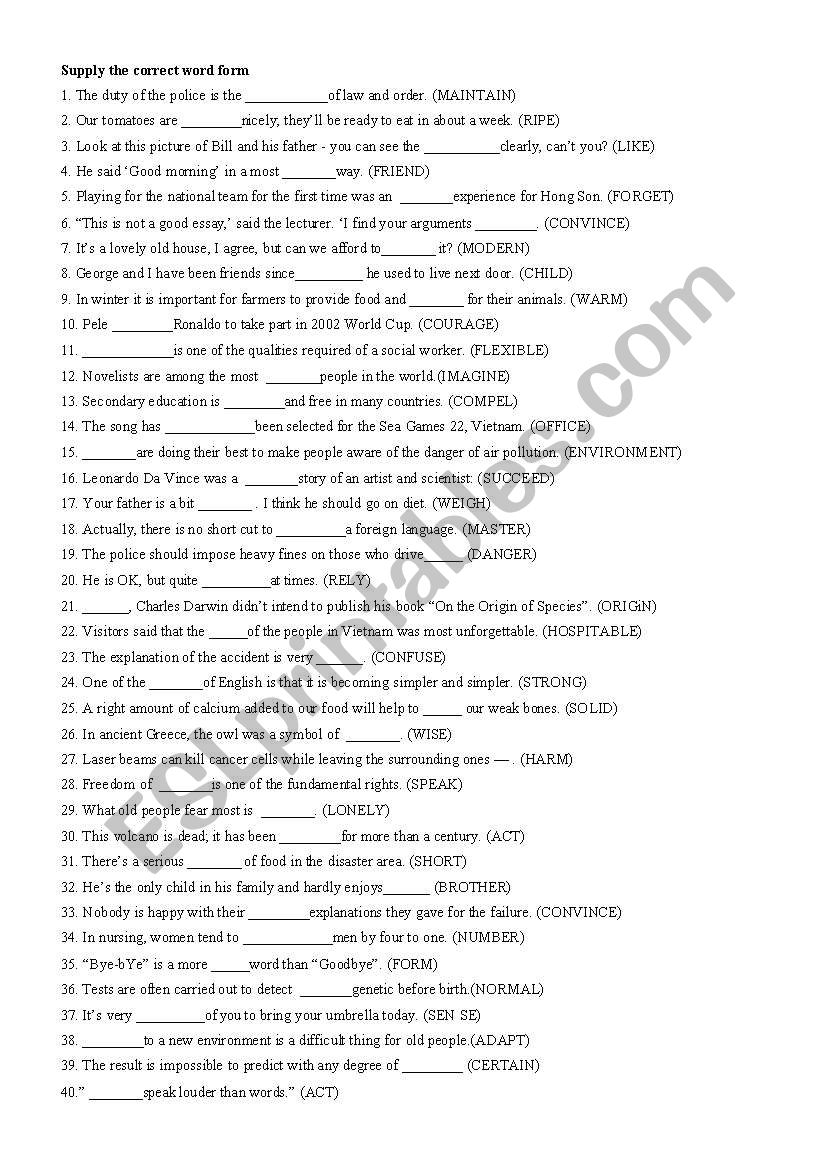 supply the correct word form worksheet