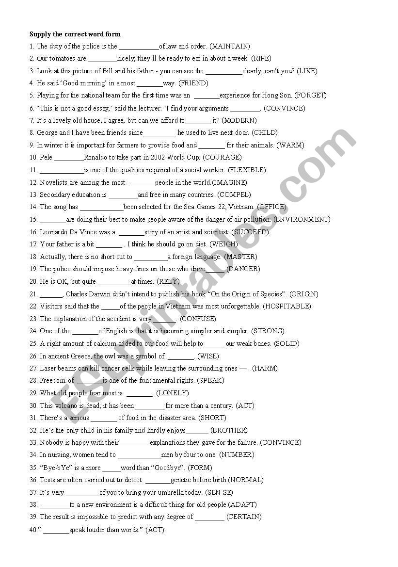 supply the correct word form worksheet