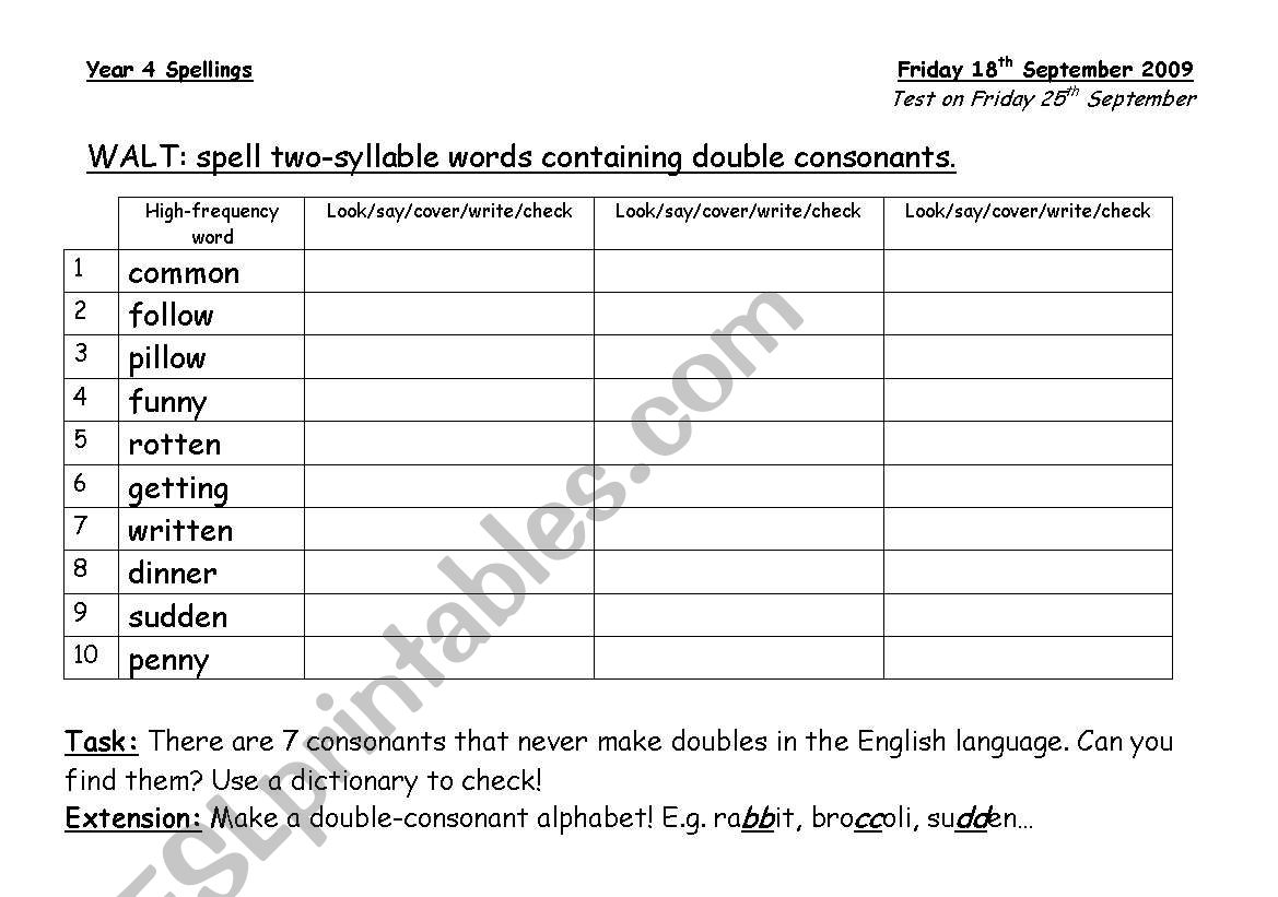 Spell two-syllable words containing double consonants homework