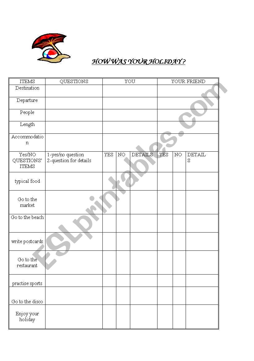 pair work holiday worksheet