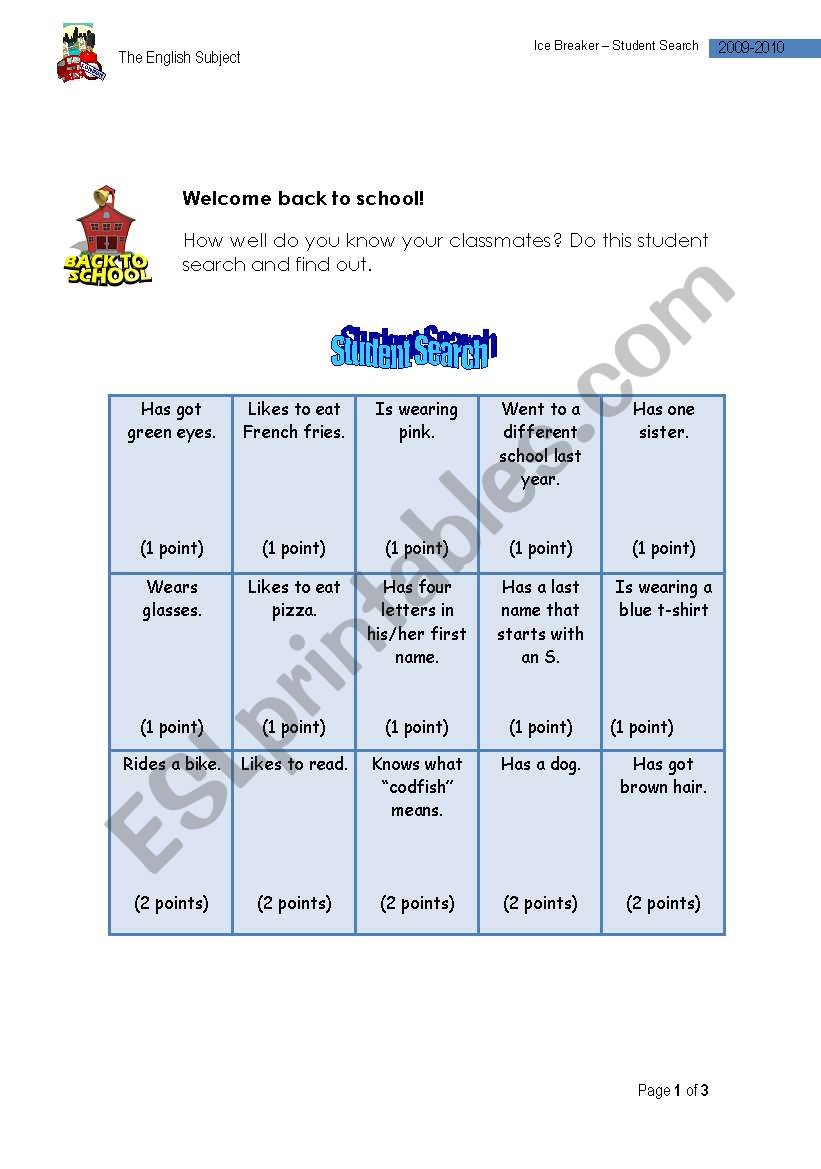 Student Search worksheet