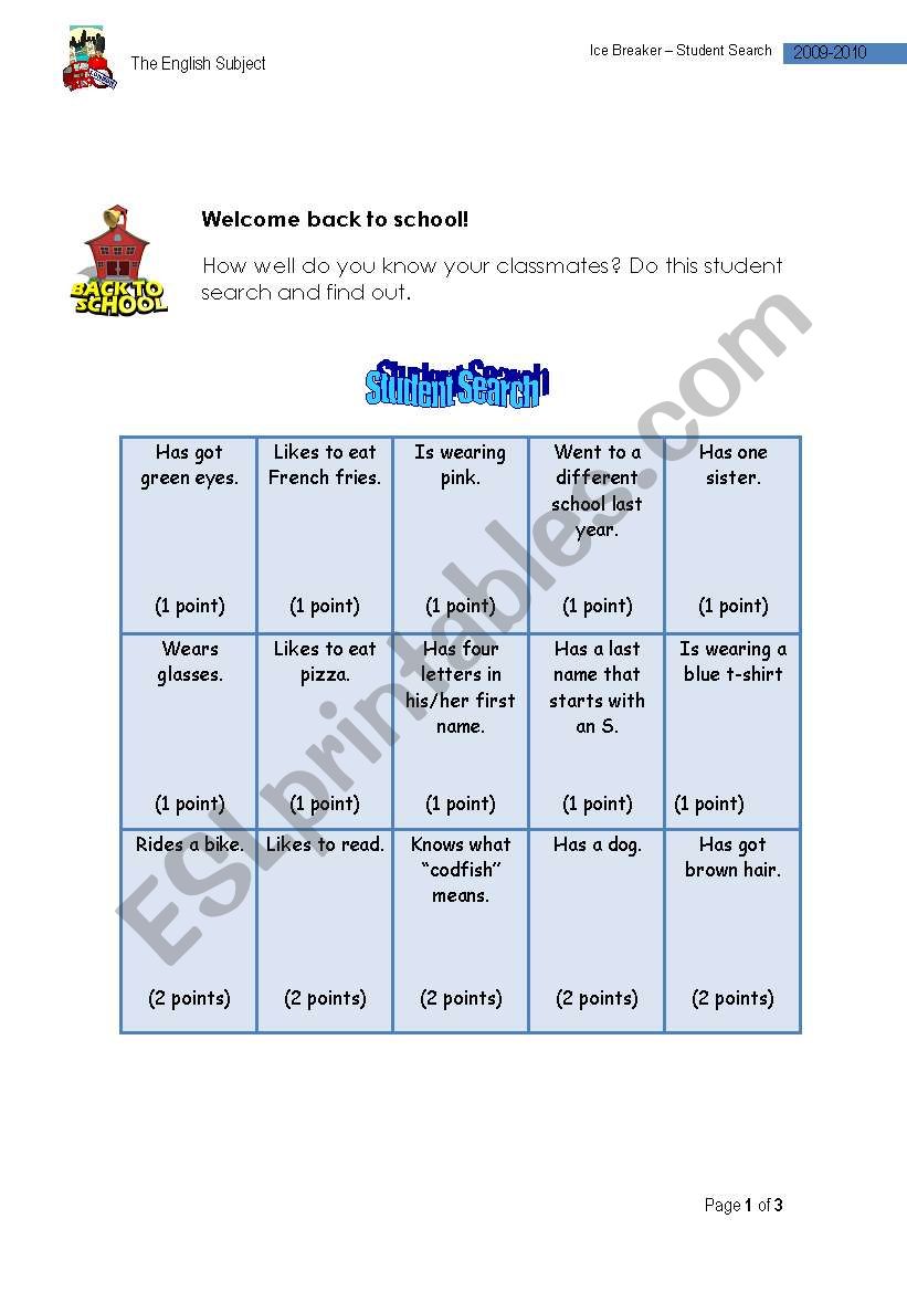 Student Search worksheet