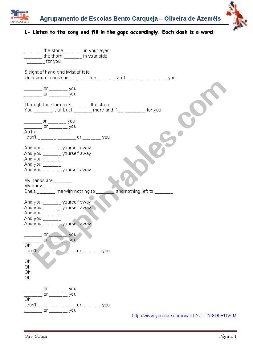 With or without you - U2 worksheet