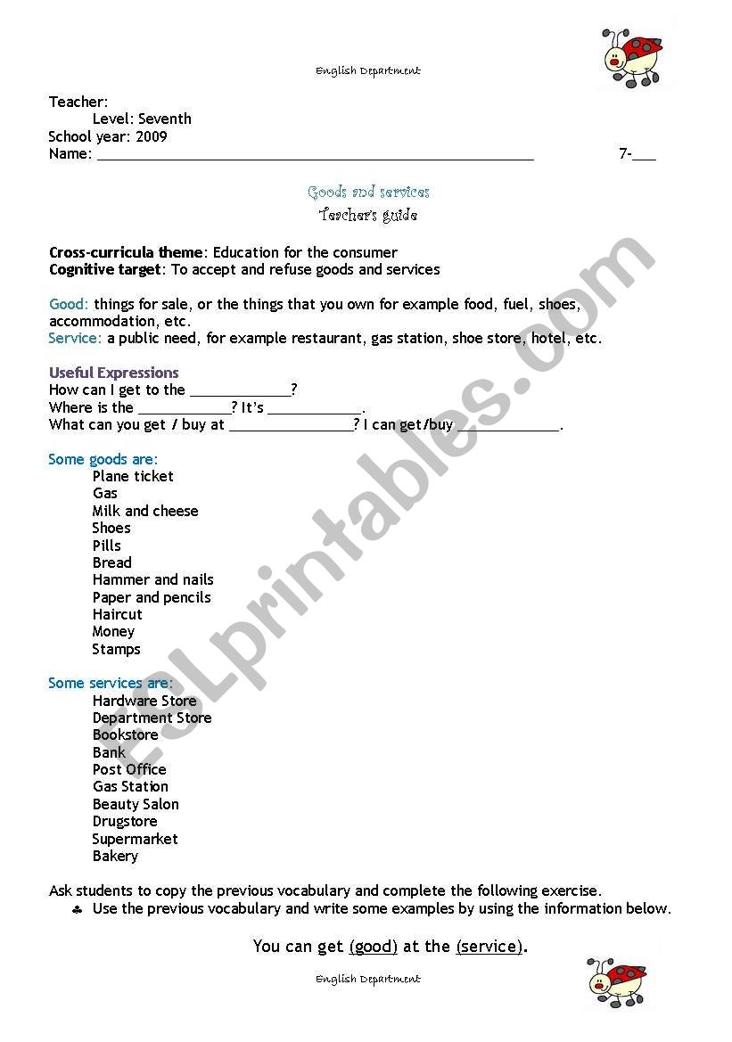 Goods and services worksheet