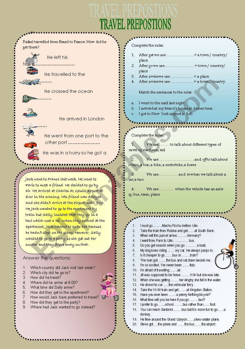 Prepositions for travel for elementary to intermediate