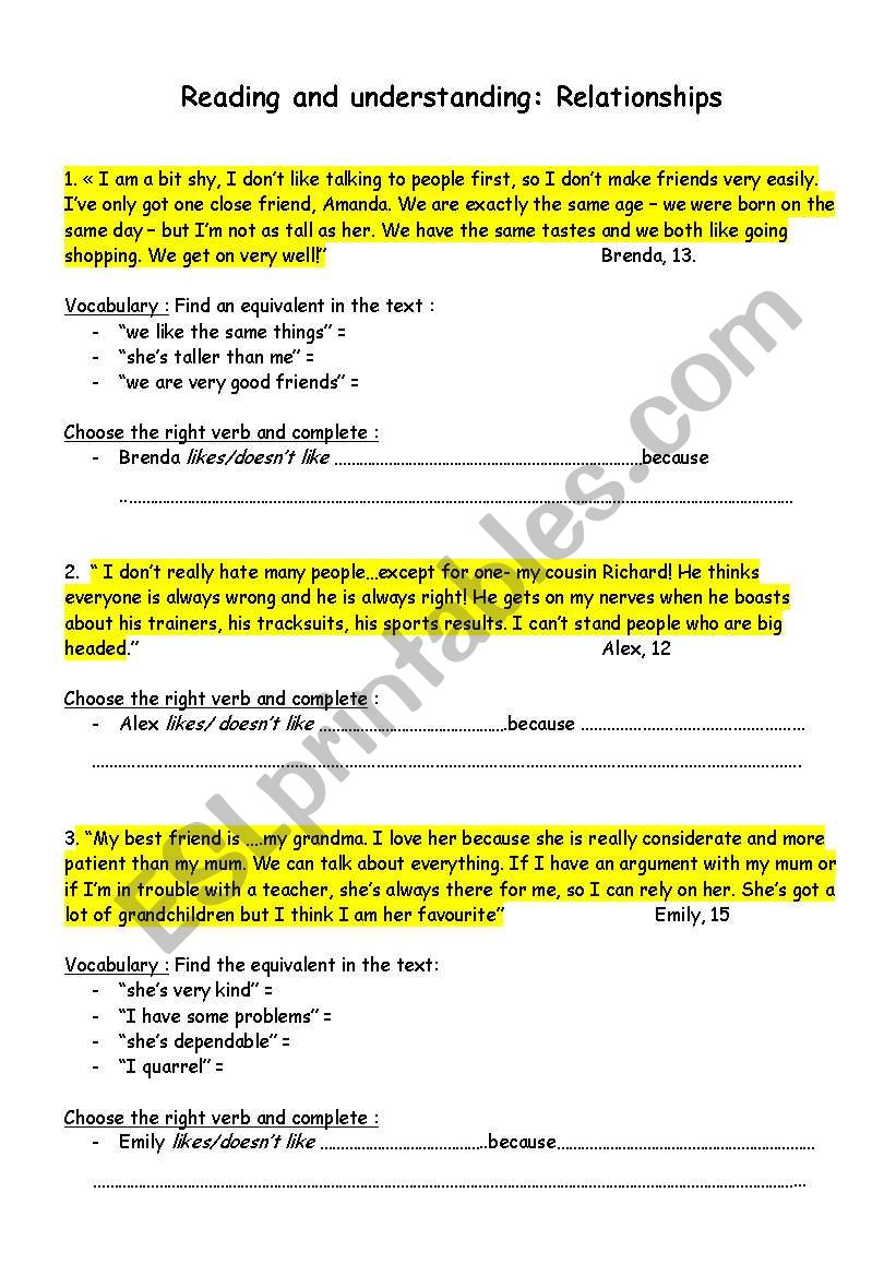 Reading : Relationships worksheet