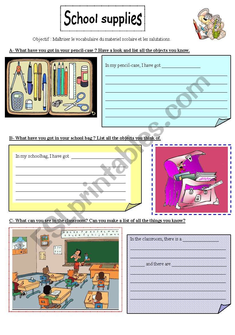 School supplies worksheet