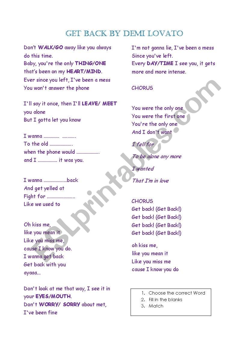Song GET BACK by Demi Lovato worksheet
