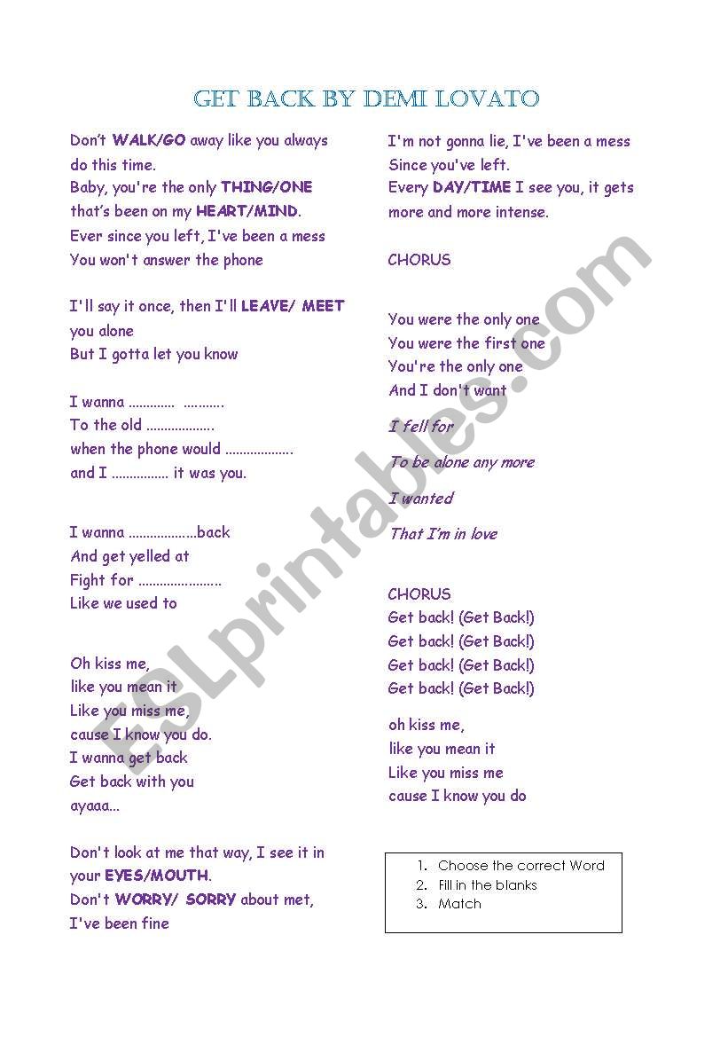 Song GET BACK by Demi Lovato worksheet
