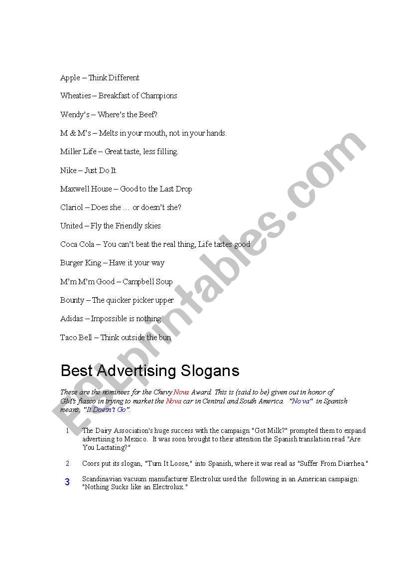 Advertising Slogans worksheet