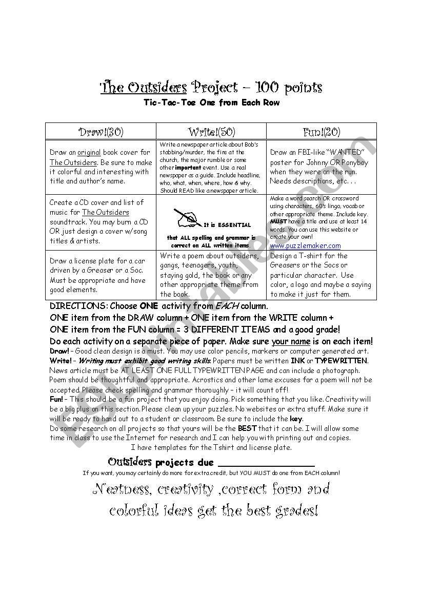 Outsiders tictactoe project worksheet