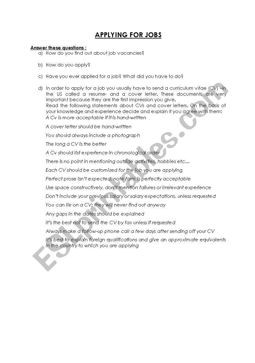 applying for jobs worksheet