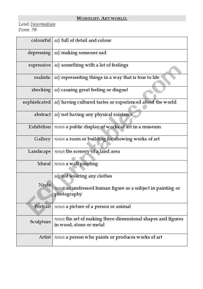 Wordlist. Art.  worksheet