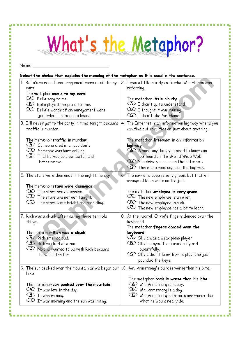 Whats the Metaphor? Metaphor worksheet #2