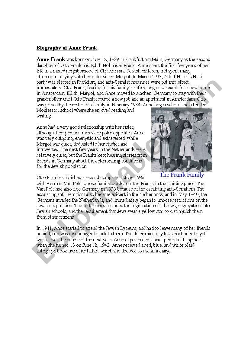 Biography of Anne Frank worksheet