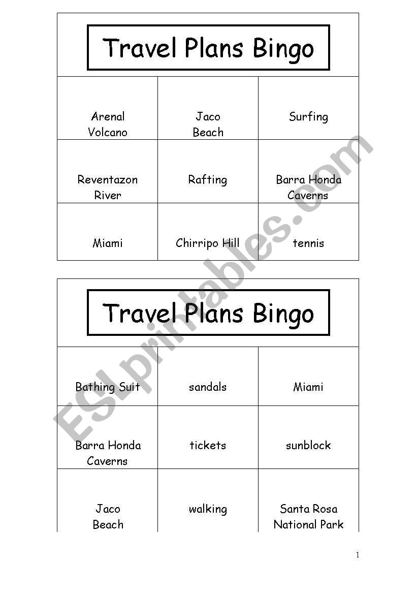 Travel plans Bingo worksheet