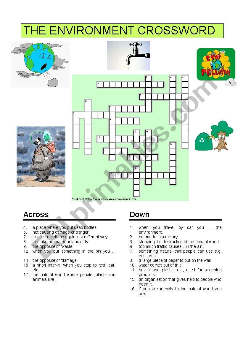 THE ENVIRONMENT CROSSWORD - ESL worksheet by crisholm