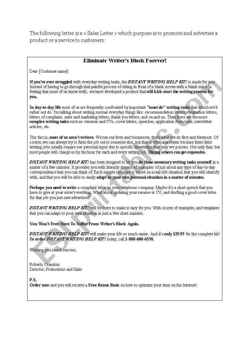 ADVERTISING LETTER worksheet