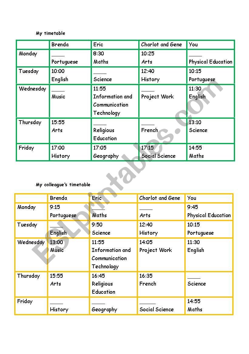 Time and school subjects worksheet