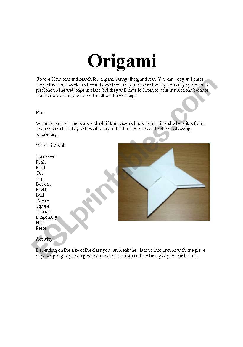 Origami worksheet