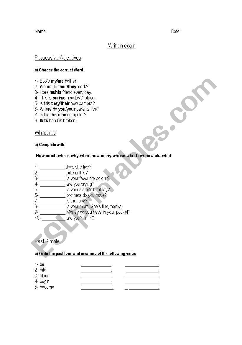 Possessive adjectives+wh words+Past simple