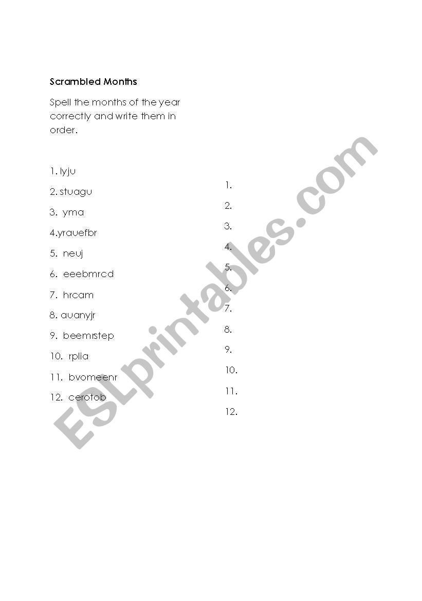 scrambled months worksheet