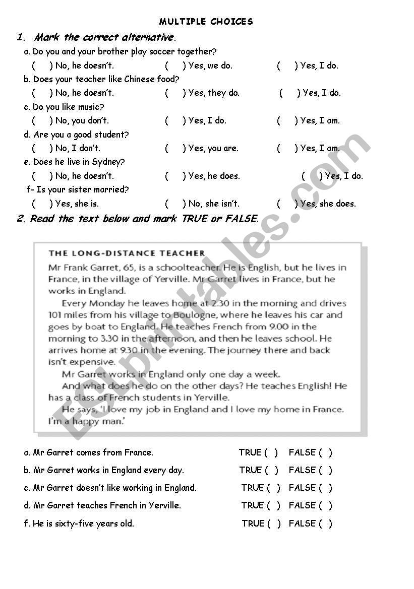 Test Multiple choice worksheet