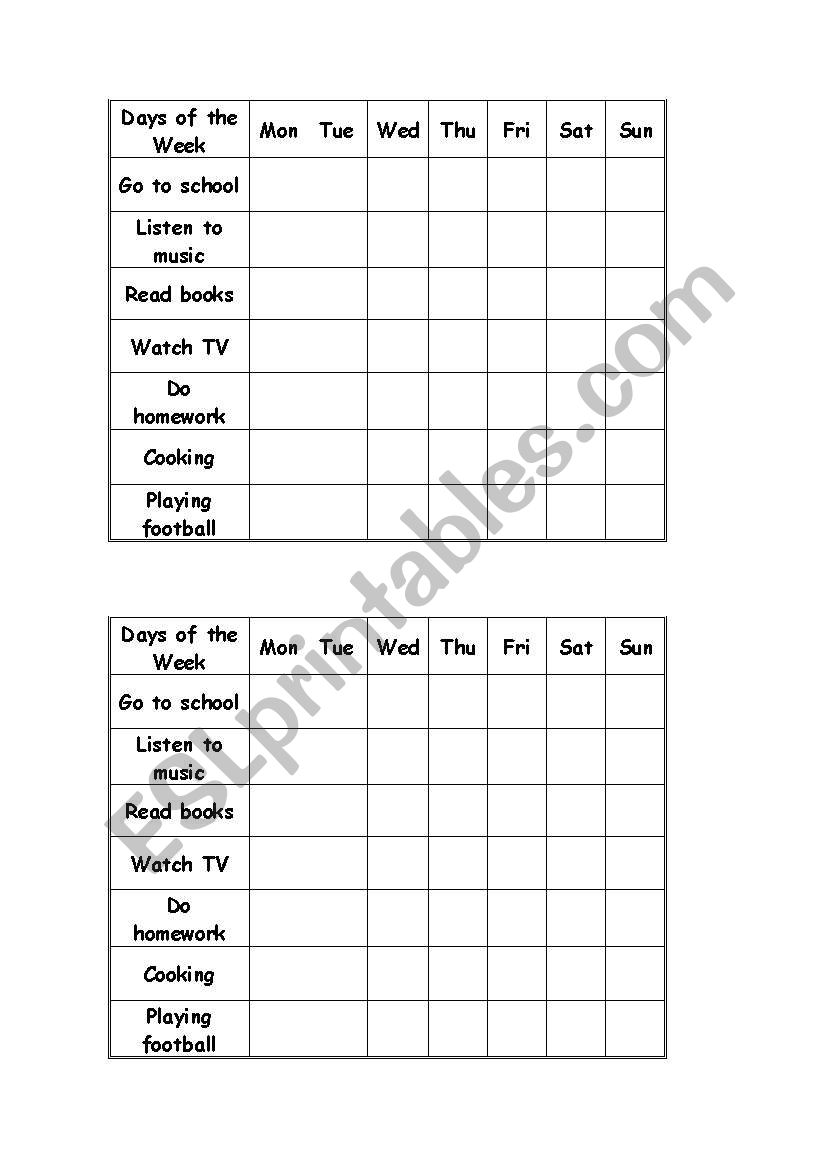 Weekly Diary worksheet