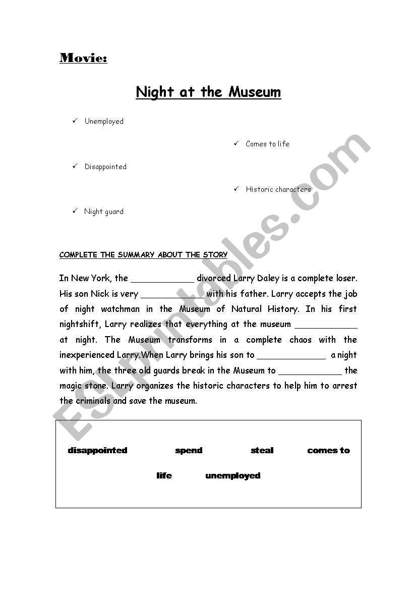 night at the museum worksheet