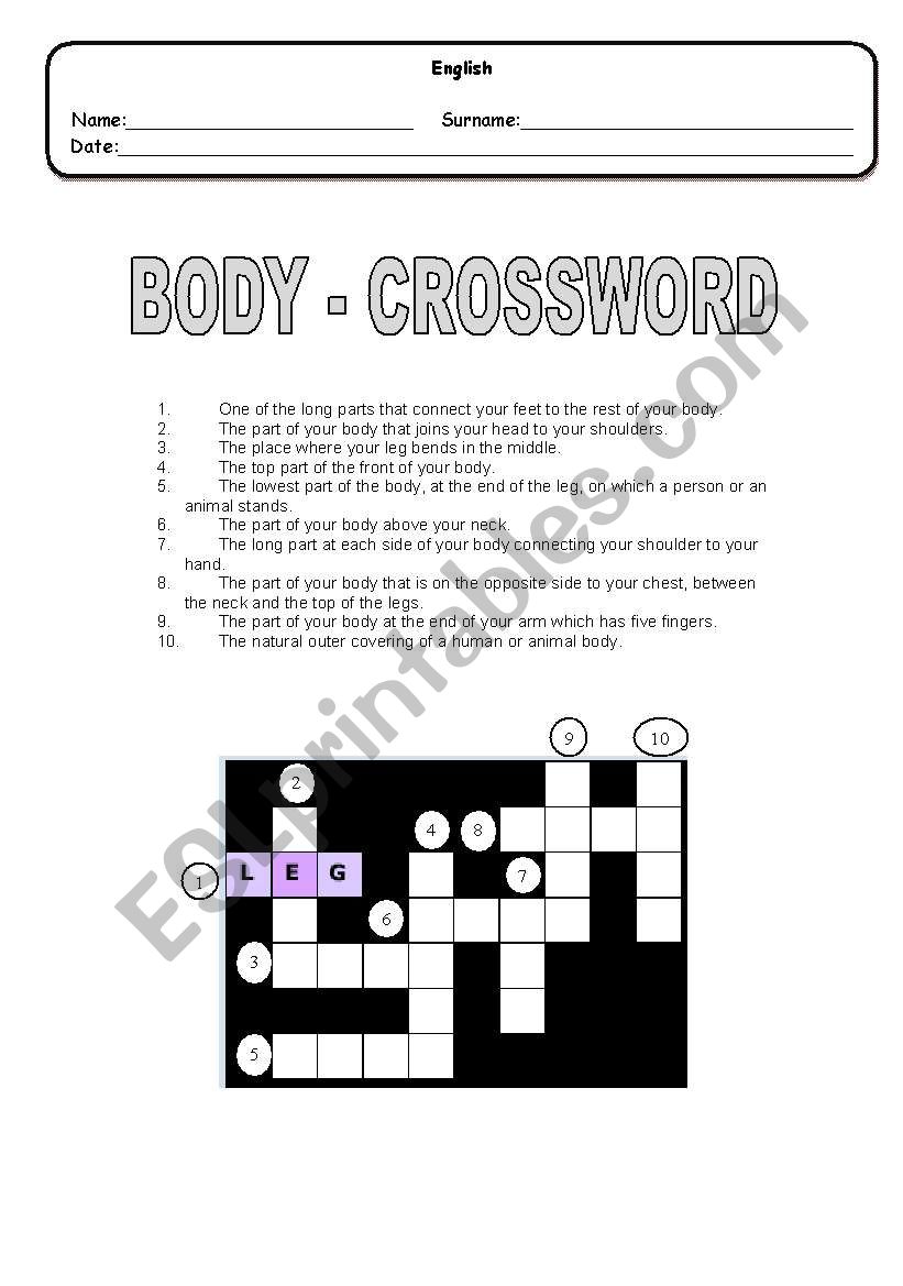 Body - crossword + key worksheet