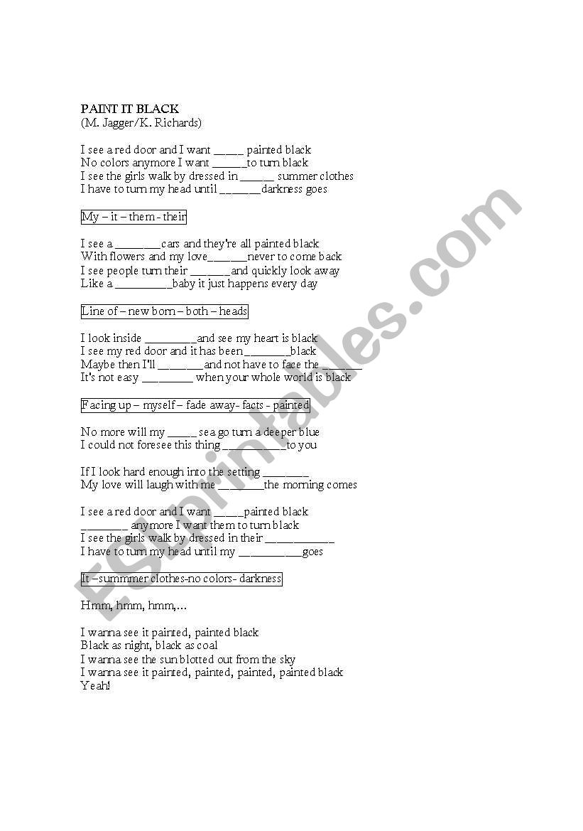 song :pait it back worksheet