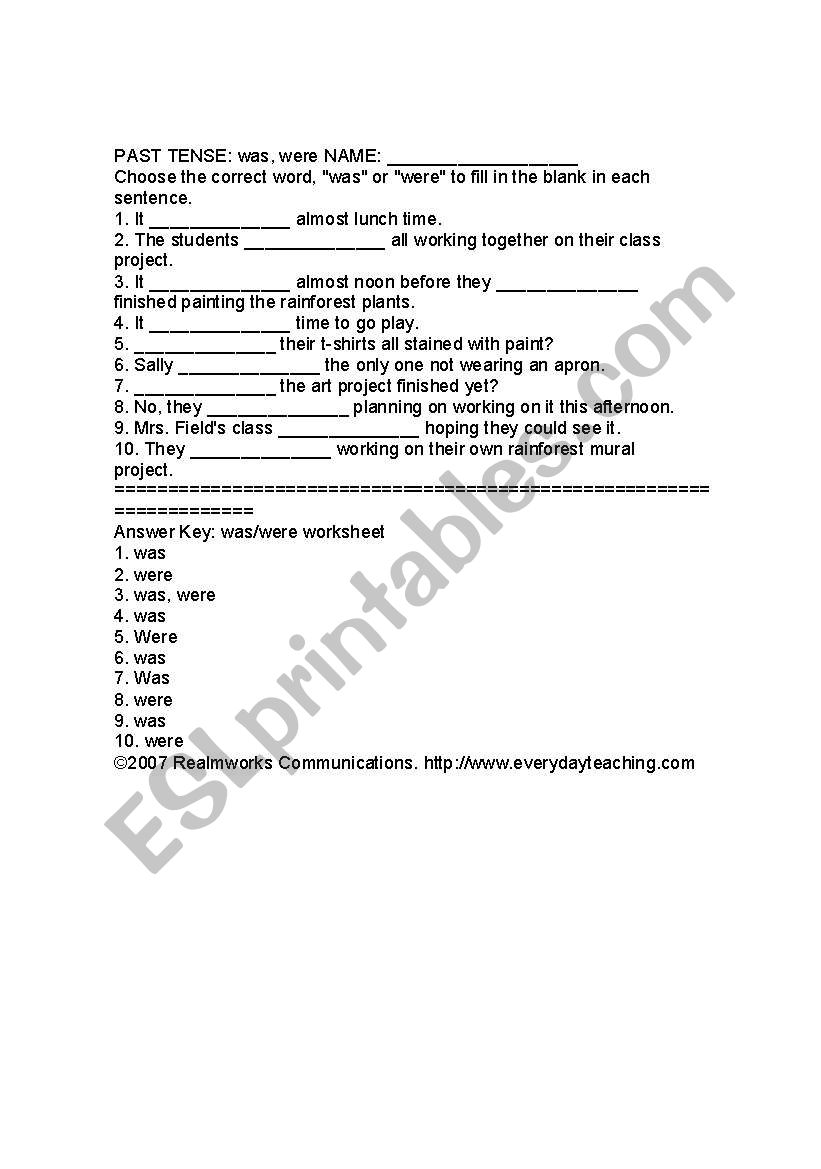 WAS AND WERE worksheet
