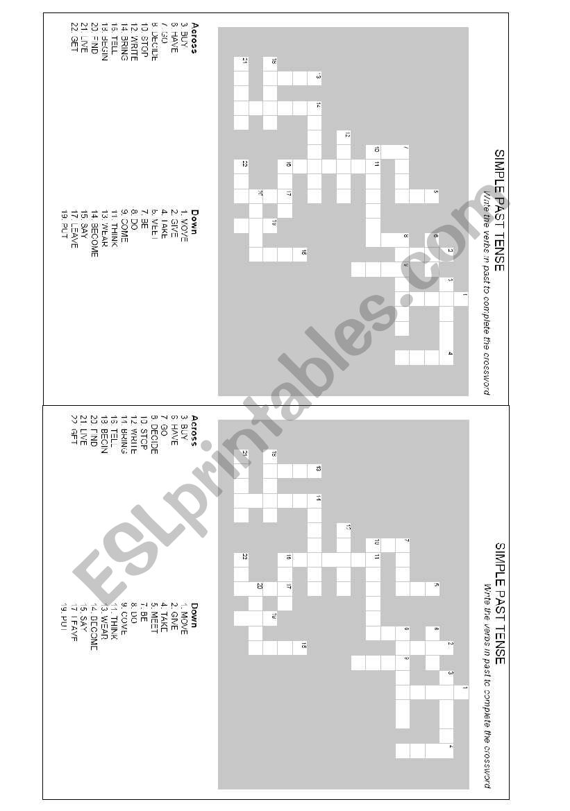 Simple past crosswrod worksheet