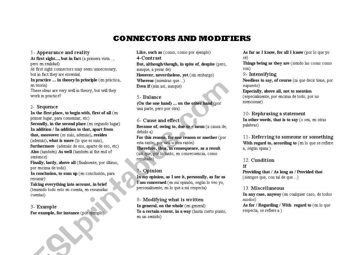 connectors and modifiers worksheet