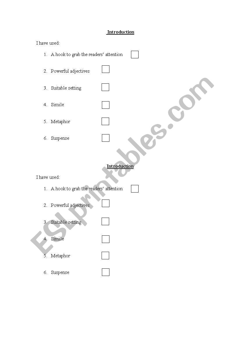 Checklist for an Introduction worksheet