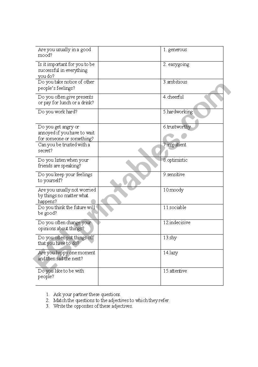 Personality Questionnaire worksheet