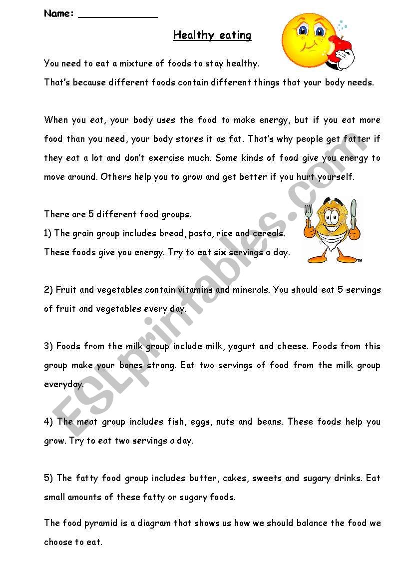 Healthy eating comprehension worksheet