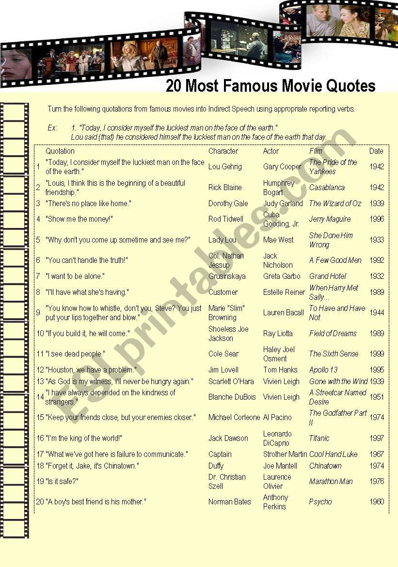20 Most Famous Movie Quotes worksheet