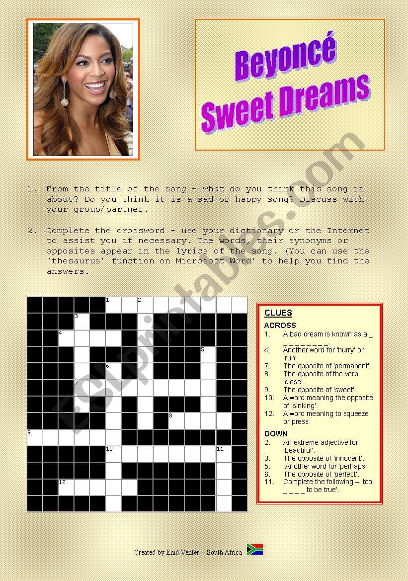 Song: Sweet Dreams by Beyonce worksheet