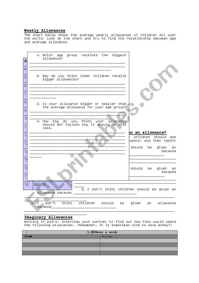 Pocket money/ allowance worksheet