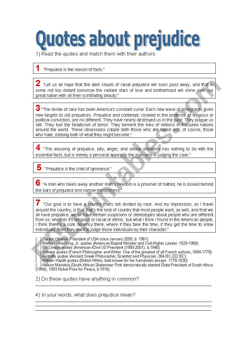 Prejudice worksheet