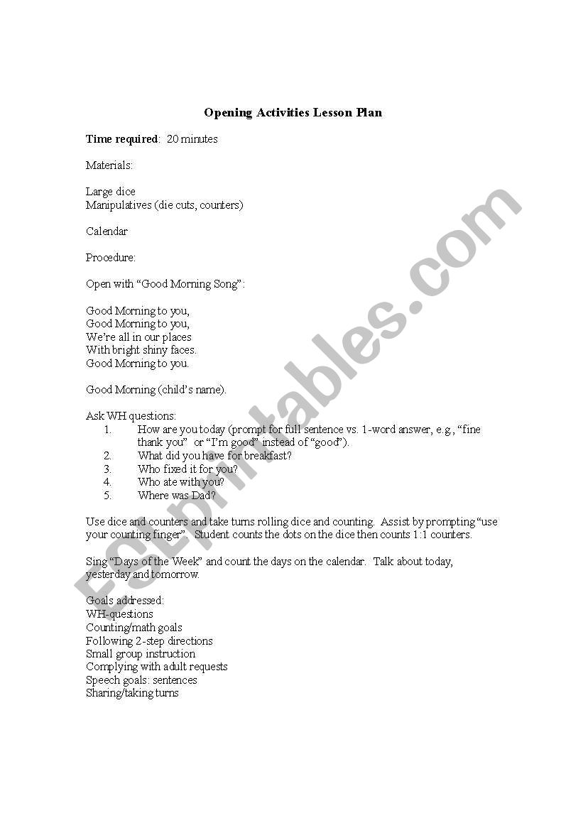 Opening activities worksheet