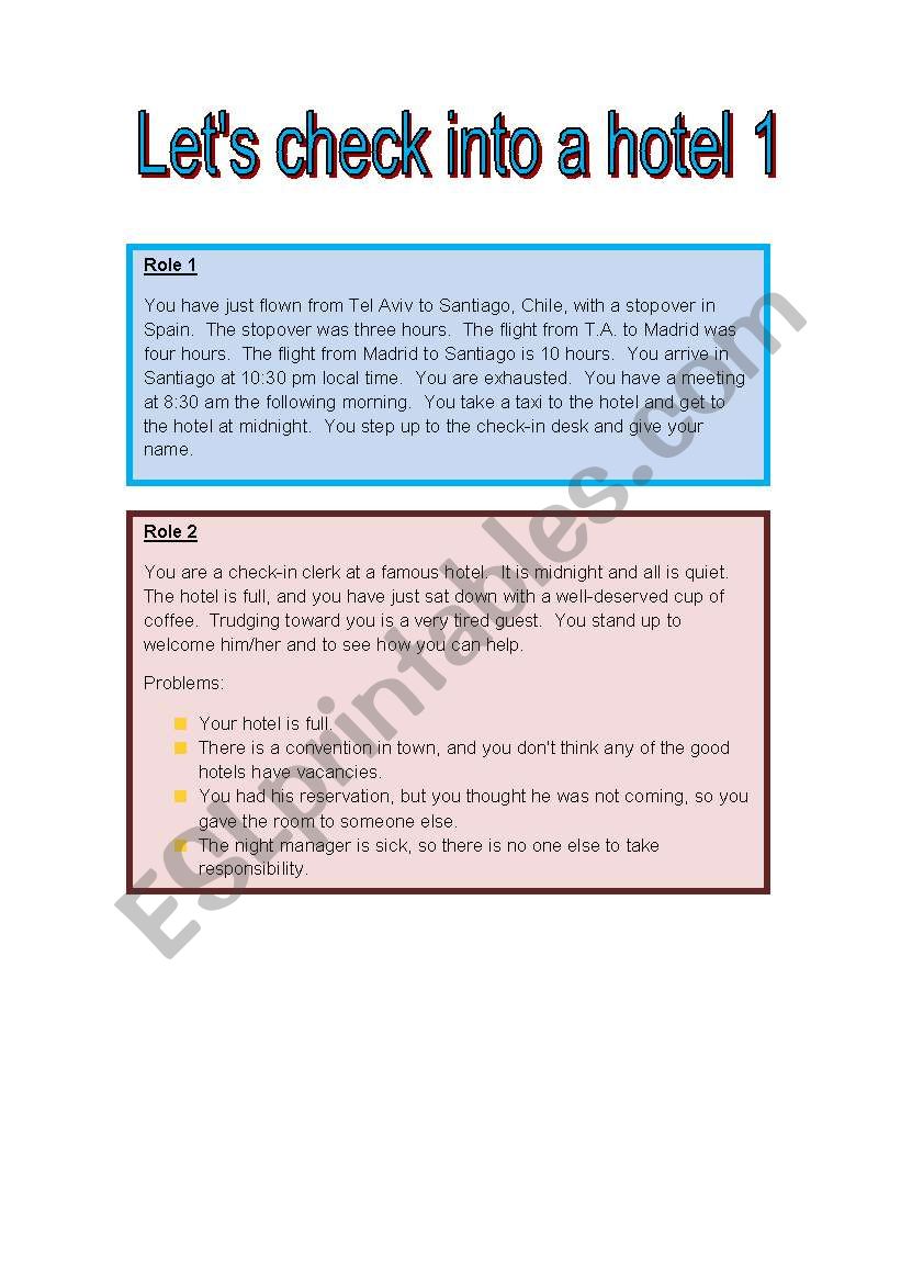 Lets check into a hotel1 worksheet