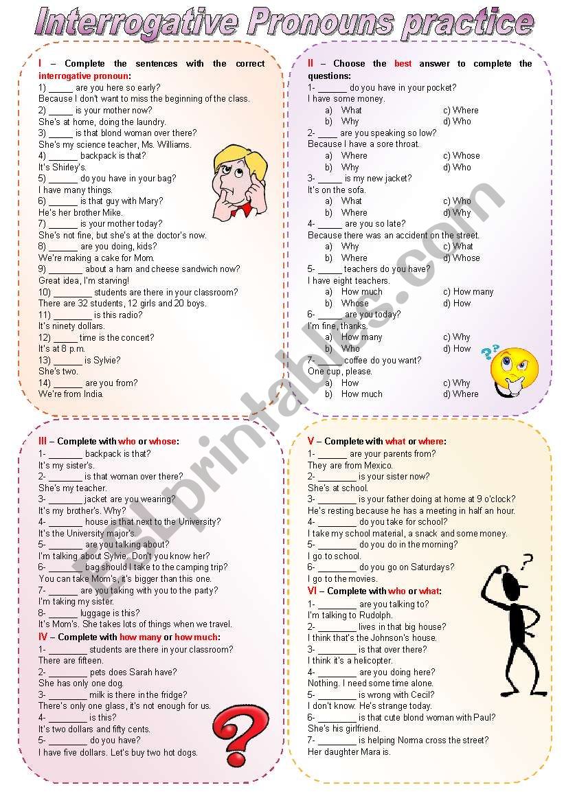 Interrogative Pronouns Practice (keys on the second page - fully editable)